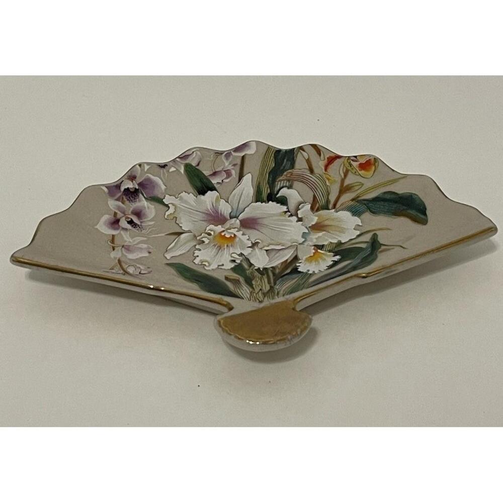 TOYO White Orchid Porcelain Fan Japan Gold Trim Orchids /Butterfly Dish‎ Tray